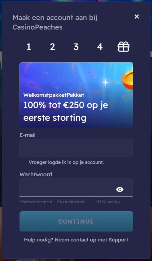 Casino Peaches registration and login page